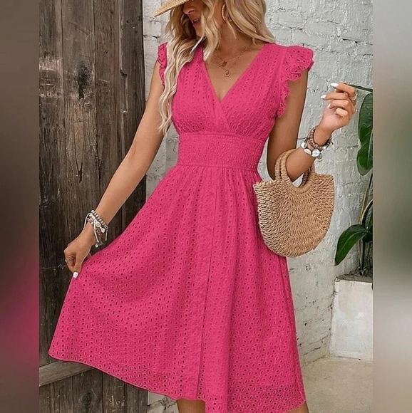 NEW Boho Embroidered Eyelet Lace Ruffle Dress Hot Pink Barbie - Picture 1 of 6